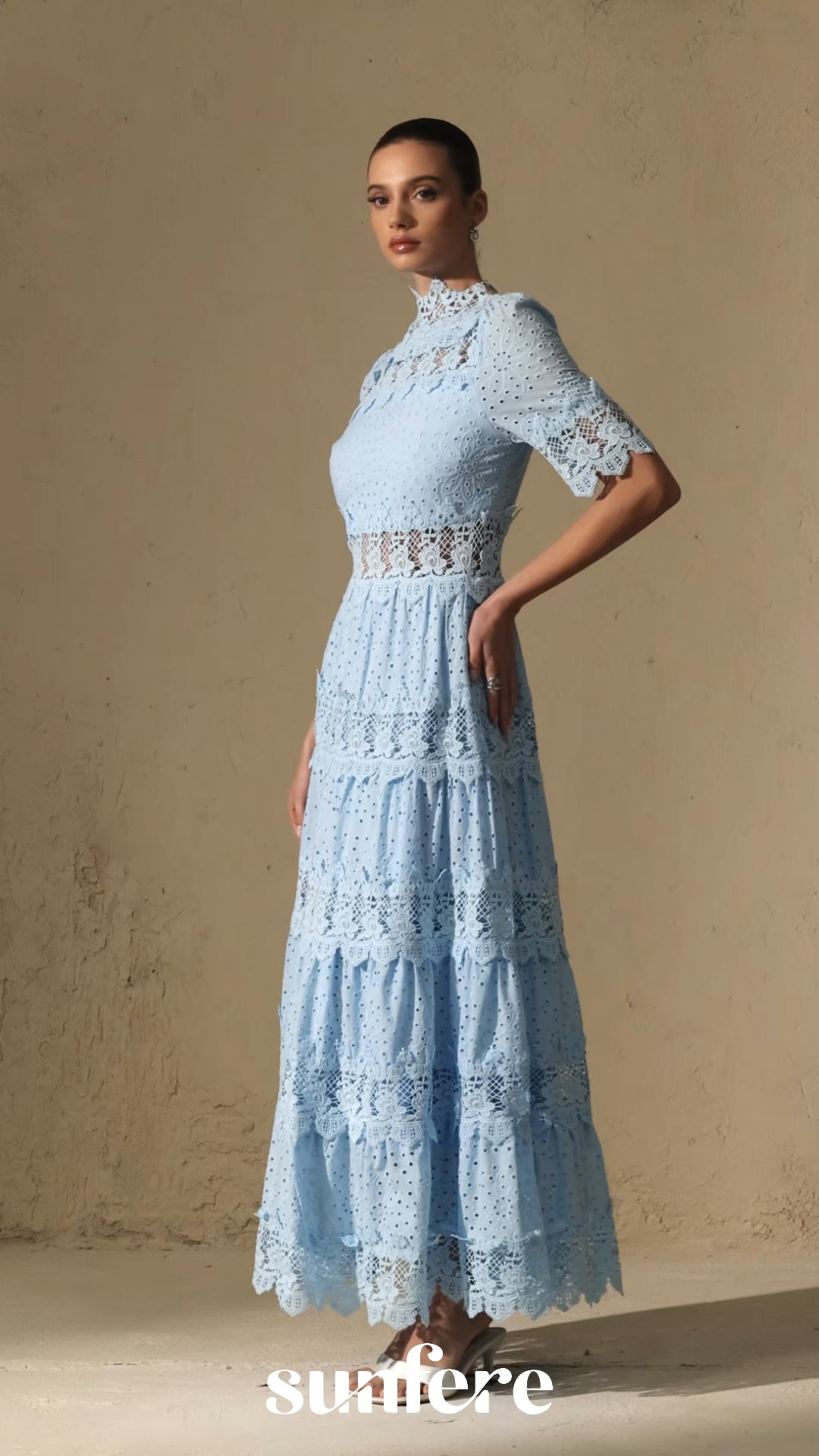 Charming Event Blue Eyelet Lace Tiered Maxi Dress