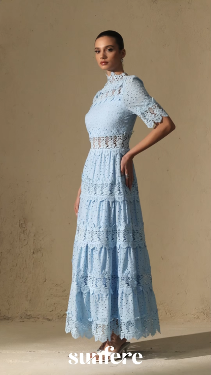 Charming Event Blue Eyelet Lace Tiered Maxi Dress