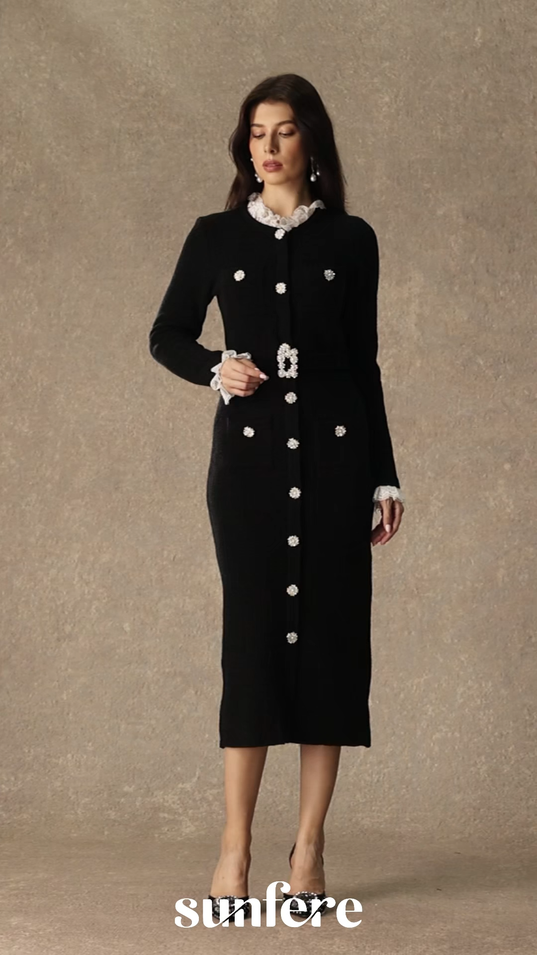 Classic Poise Black Ruffle Trim Knit Midi Dress