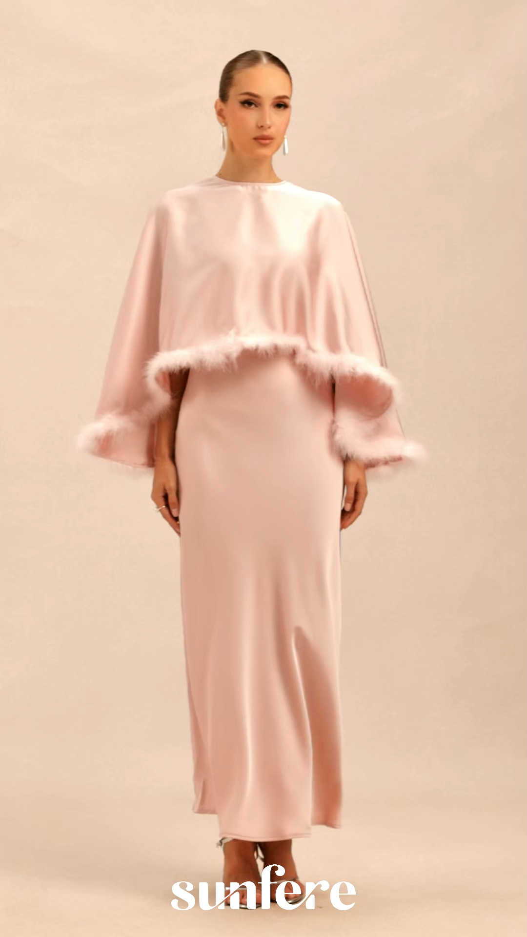Immaculate Love Pink Feather Trim Cape & Maxi Dress Set