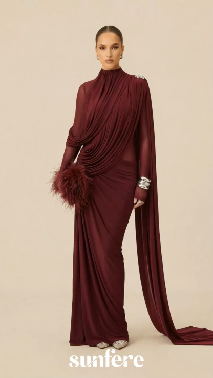 Gala Ready Burgundy Asymmetric Draped Cape Maxi Dress