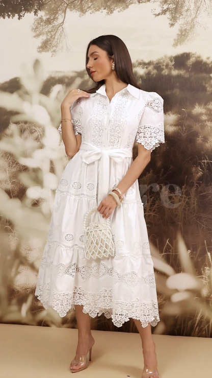 Ella Short Sleeve Embroidered Lace Midi Dress