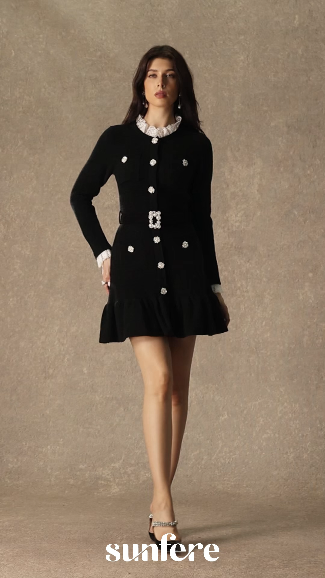 Sophisticatedly Cozy Black Ruffled Contrast Mini Dress