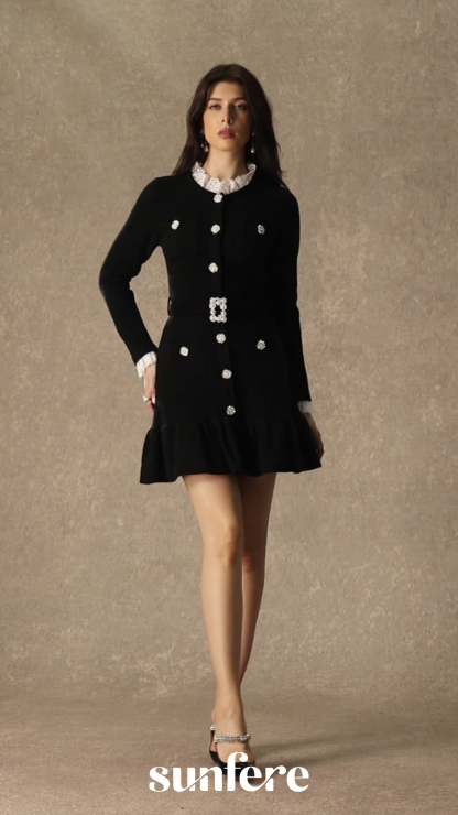 Sophisticatedly Cozy Black Ruffled Contrast Mini Dress