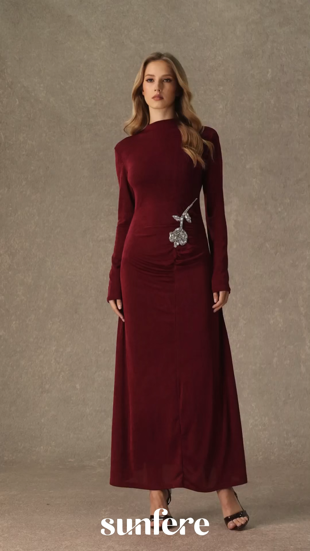 Adoring Me Burgundy Crystal Rose Ruched Maxi Dress