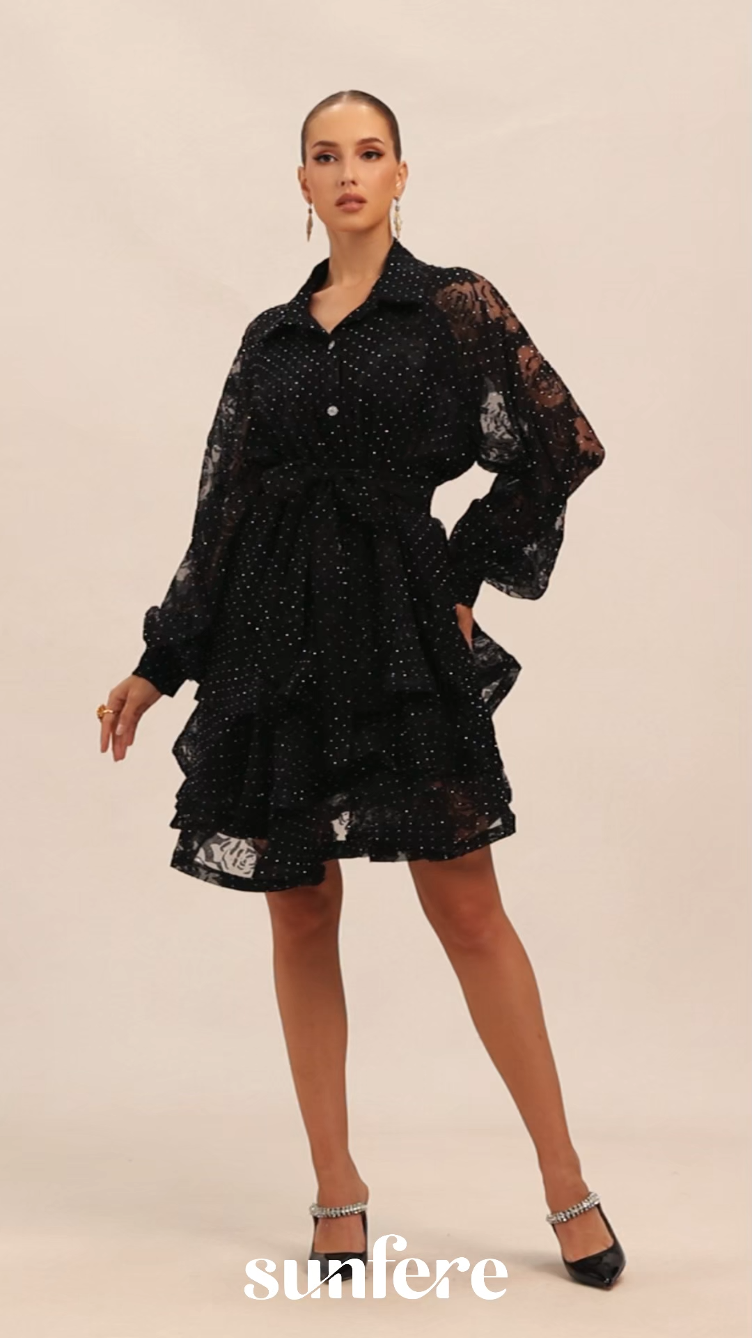 Playfully Elegant Black Embellished Tiered Mini Dress