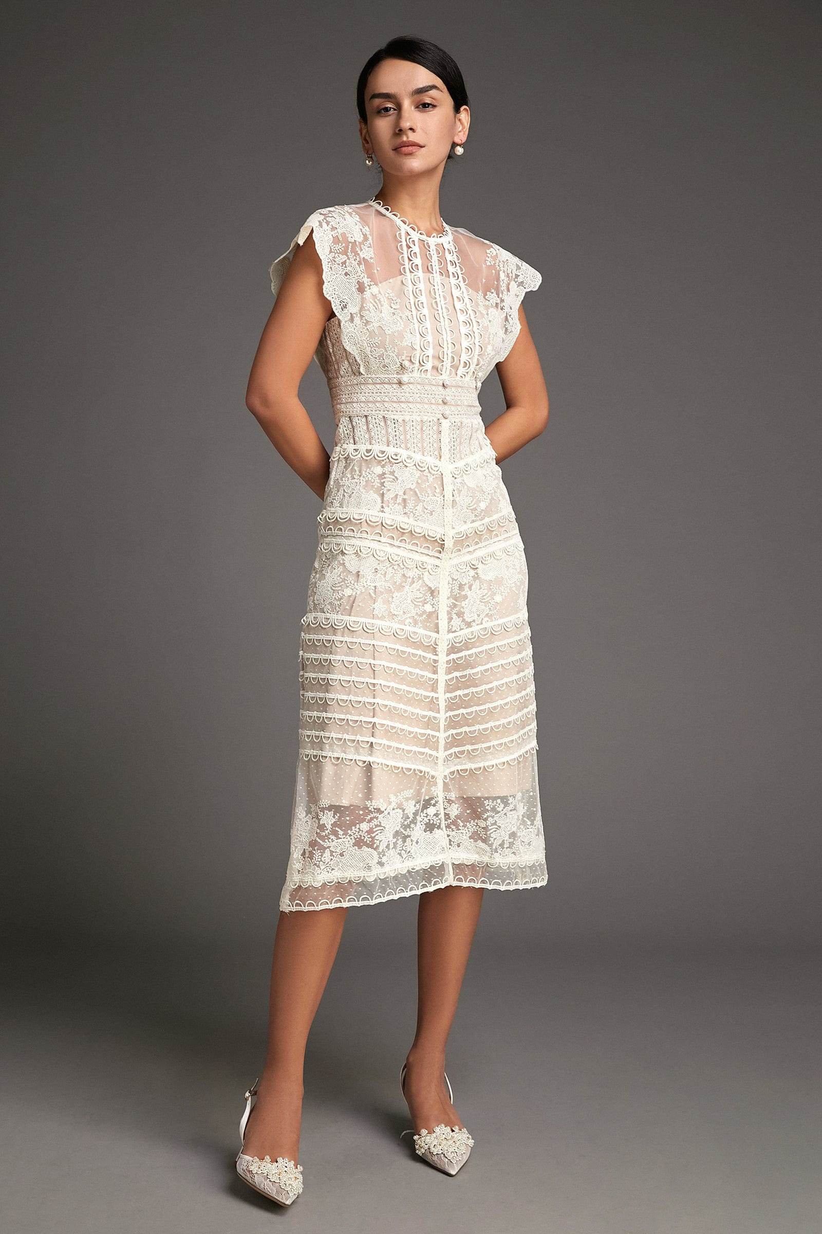 Lydia Flower Embroidered Mesh Midi Dress-Sunfere