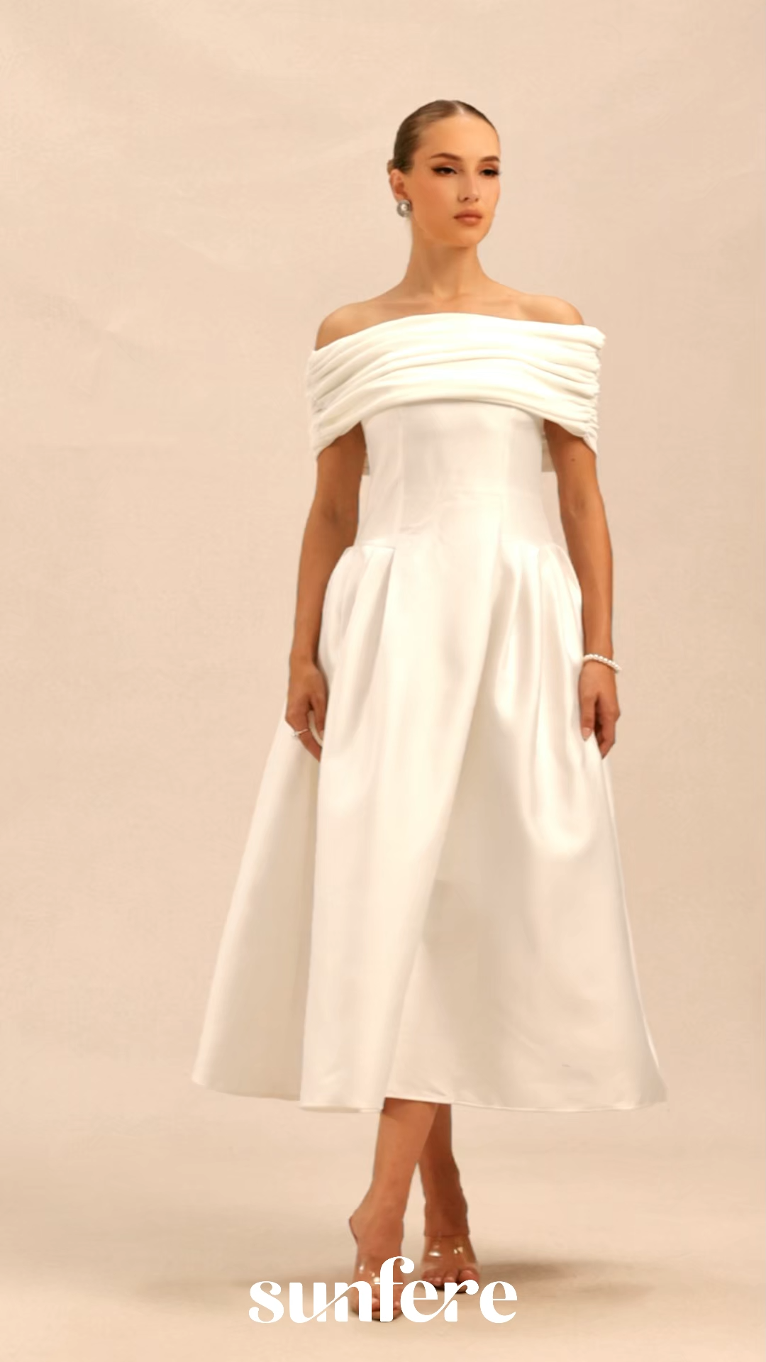 Vivian Off Shoulder Flare Satin Midi Dress