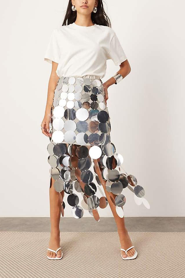 Sandra Metallic Disc Fringe Midi Skirt
