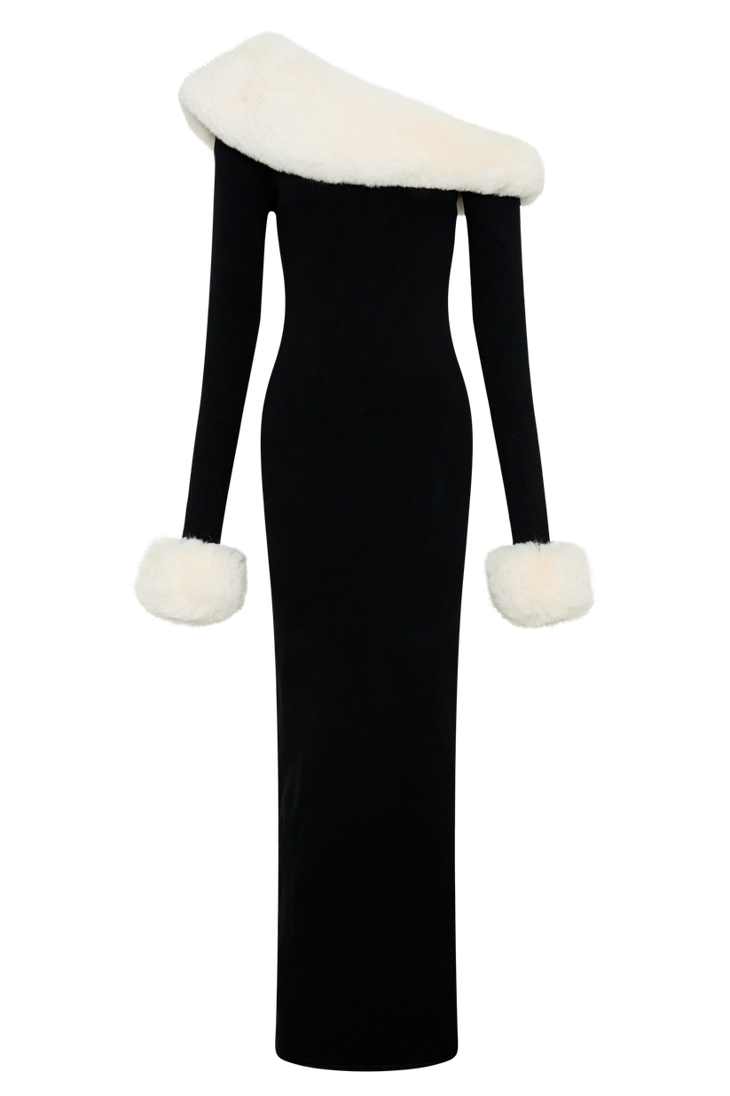 Dawn Faux Fur One Shoulder Slit Maxi Dress