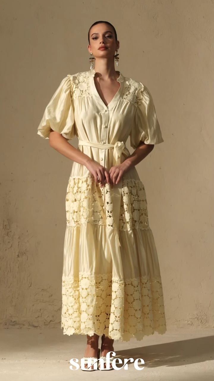 Chic Reverie Puff Sleeve Floral Lace Maxi Dress