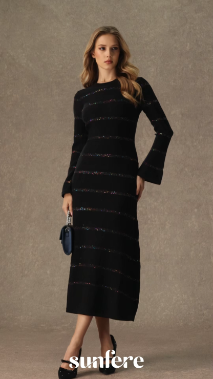 Soulful Nights Black Sequin Embellished Knit Midi Dress
