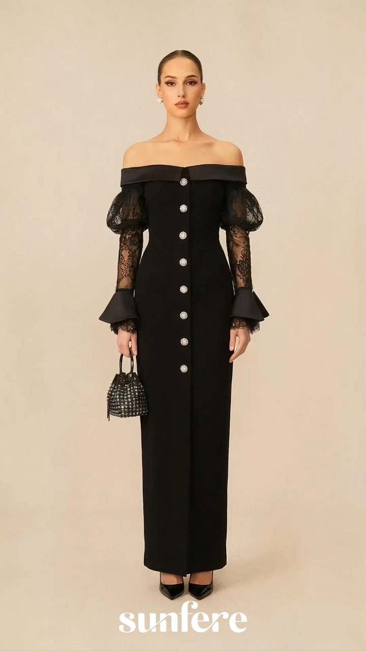 Subtle Allure Black Off Shoulder Lace Sleeve Maxi Dress