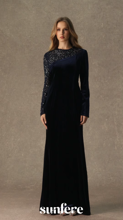 Coveted Confidence Dark Blue Crystal Embellished Velvet Maxi Dress