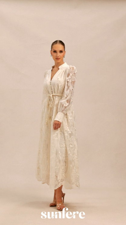 Madeline V-Neck Lace Embroidered Midi Dress