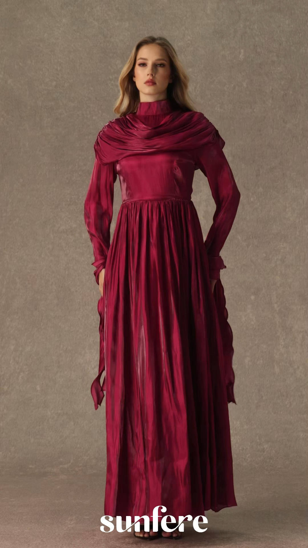 Starlit Elegance Burgundy Ruffled Cuff Pleated Maxi Dress