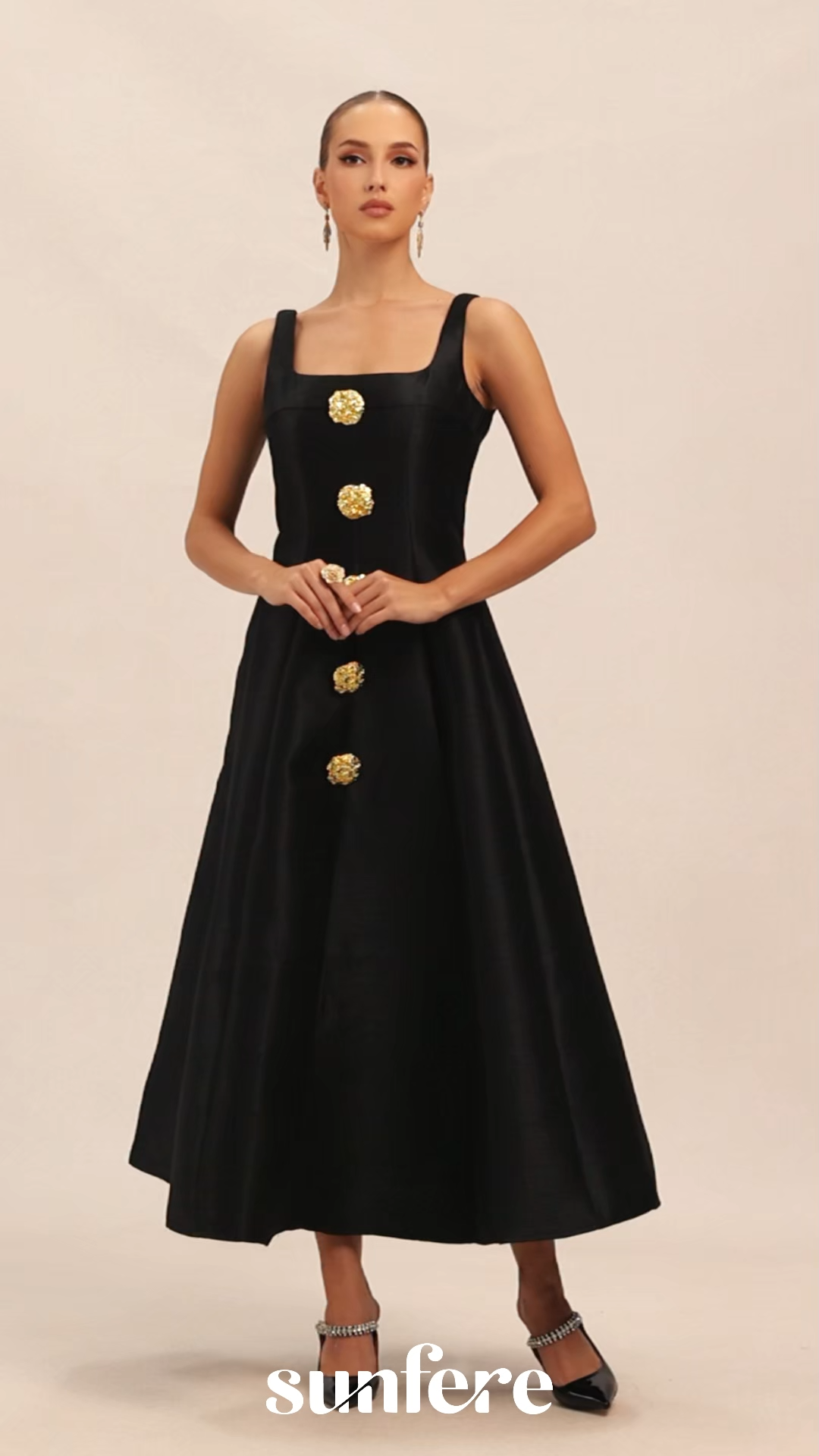 Elegant Mood Black Embellished Square Neck Midi Dress