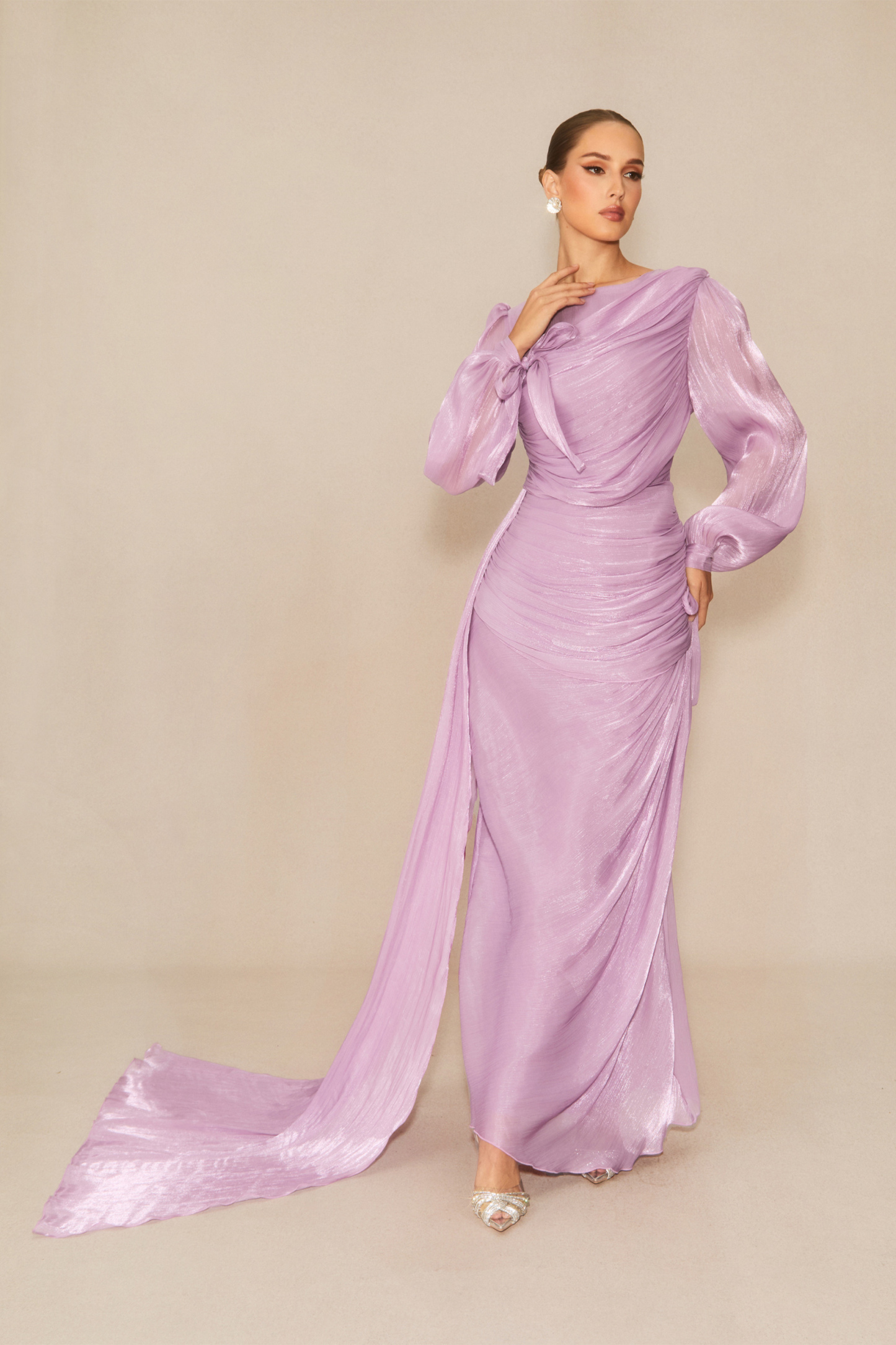 sunfere Sonia Lantern Sleeve Ruched Maxi Dress in Purple or Ruched Wedding Guest Dress