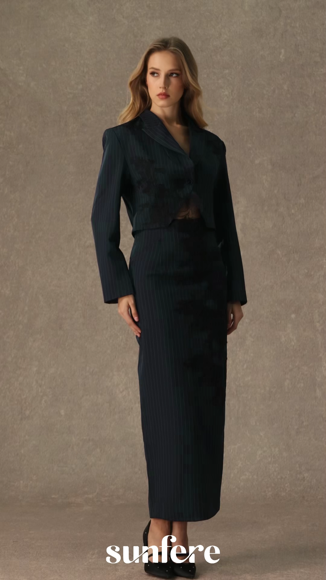 Stylish Structure Dark Blue Pinstripe Cropped Blazer & Lace Embroidered Skirt Set