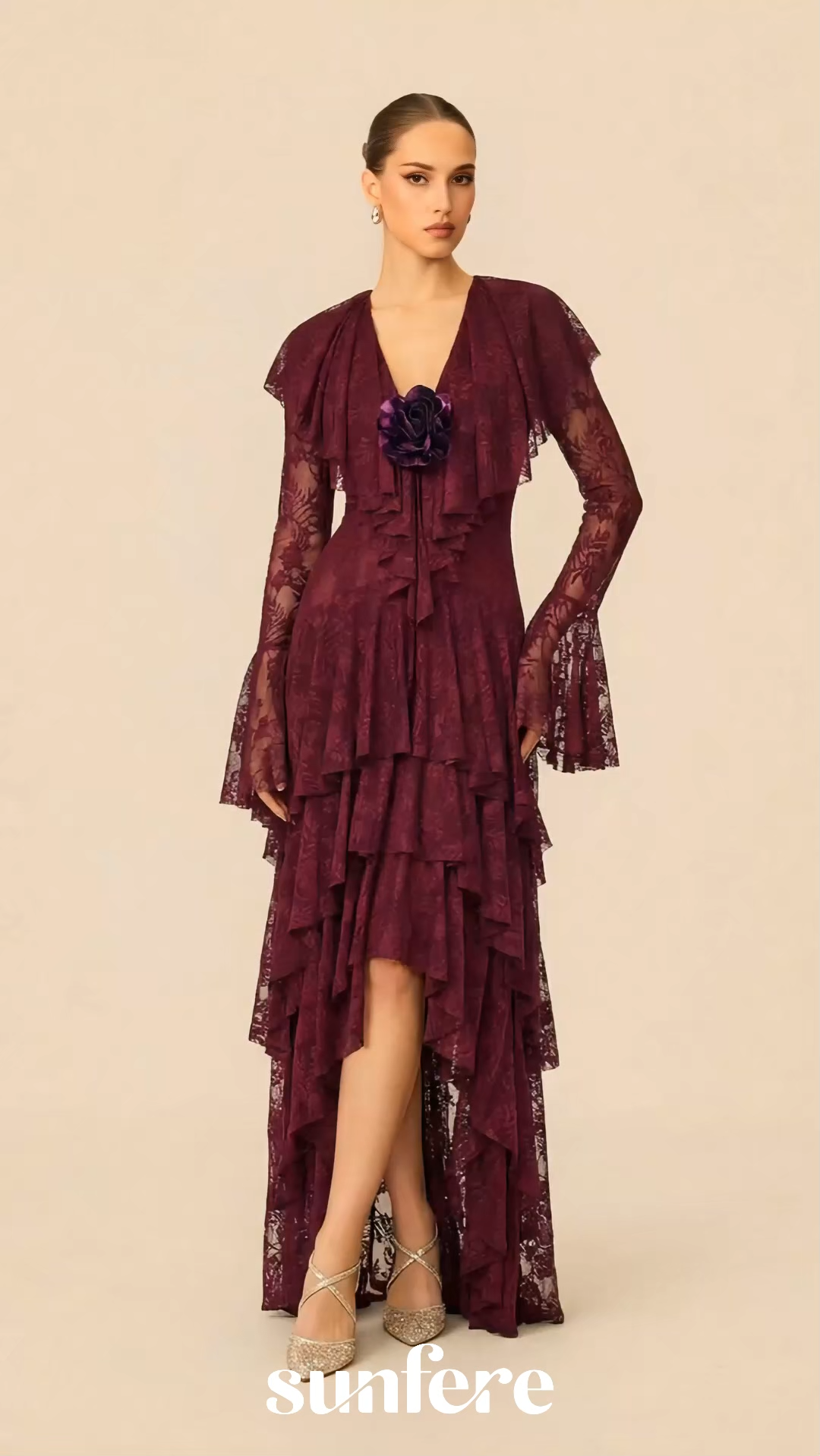 Night Style Burgundy V-Neck Tiered Ruffle Lace Maxi Dress