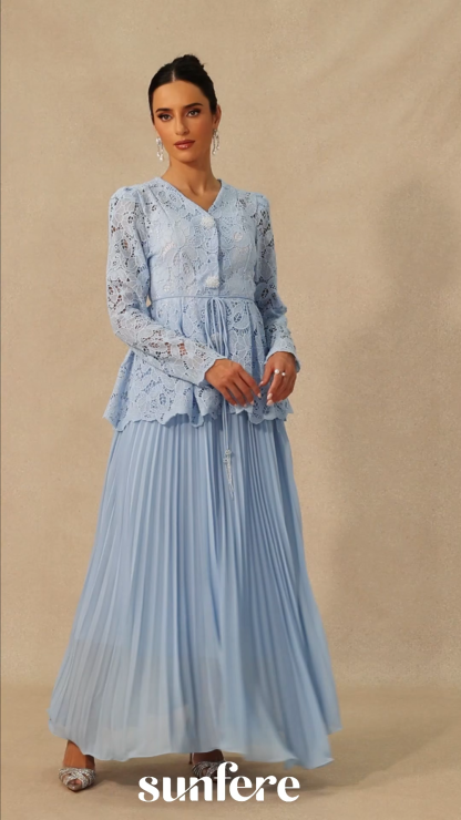 Ariella Floral Embroidered Lace Top & Pleated Maxi Skirt Set