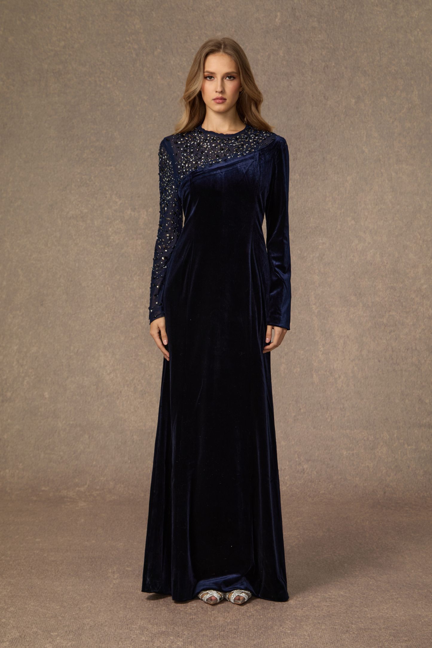 sunfere Coveted Confidence Dark Blue Crystal Embellished Velvet Maxi Dress or Jewel-Toned Satin Waist-Defined Winter Wedding Guest Dress