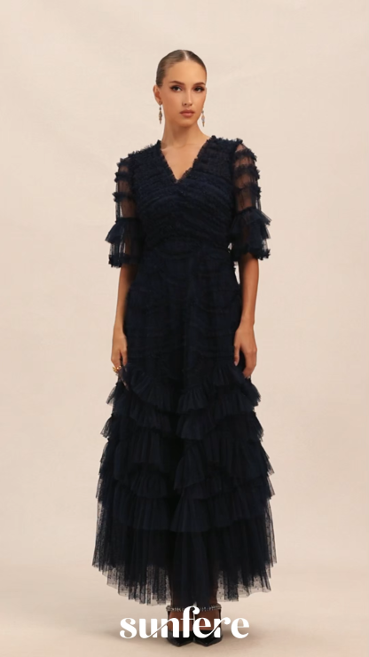Impressively Delightful Dark Blue Tiered Ruffle Maxi Dress