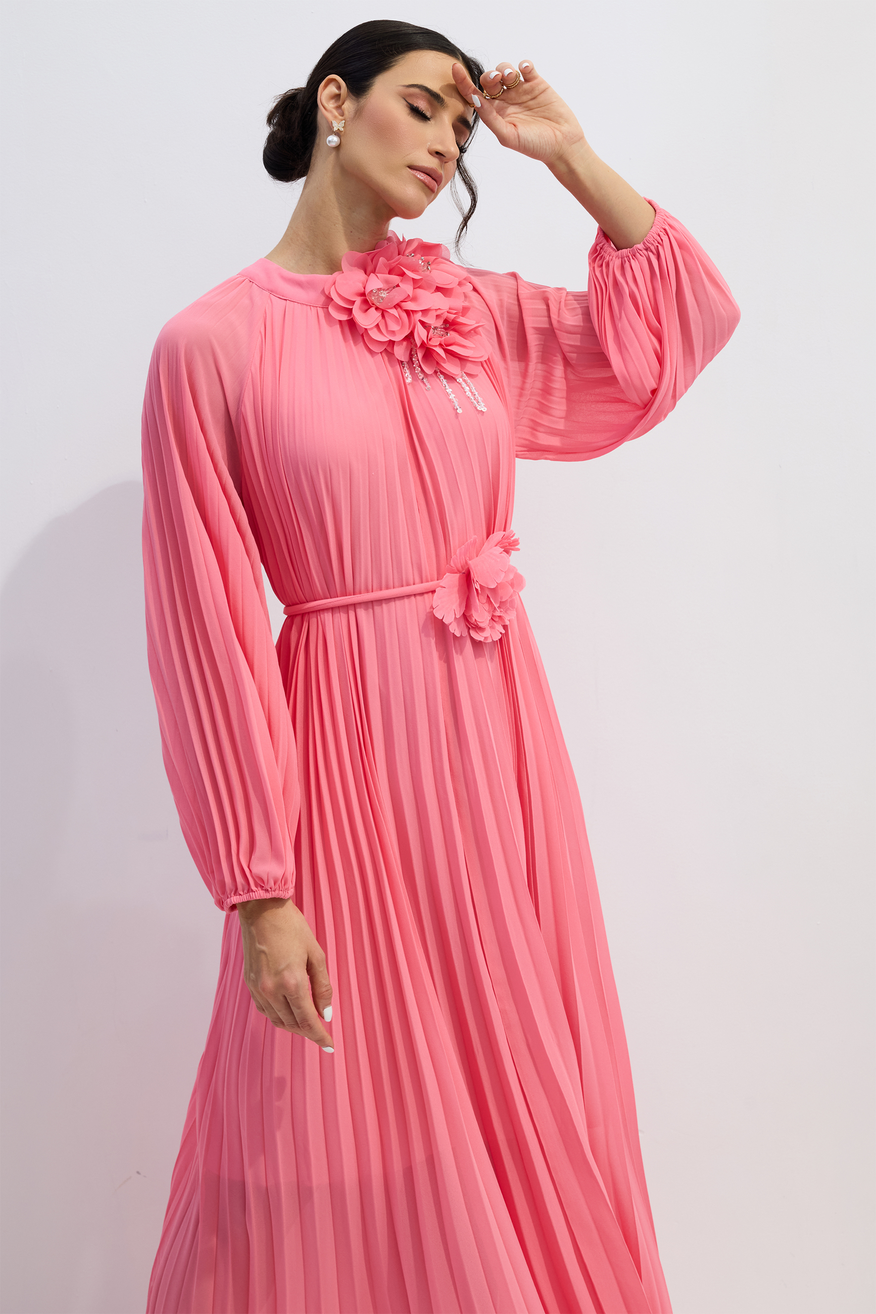 Irene Floral Applique Pleated Chiffon Maxi Dress