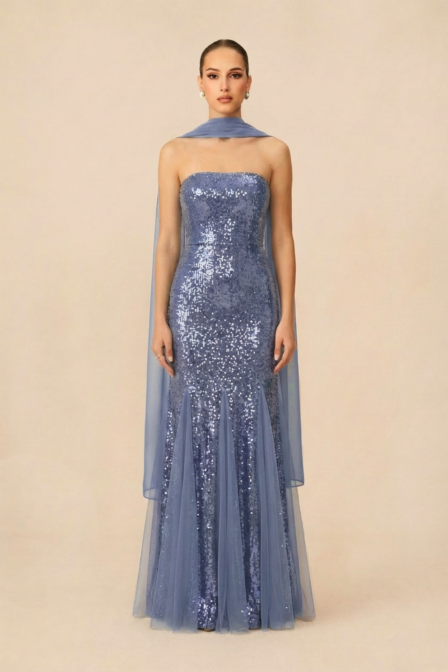 Glimmer Game Blue Sequin Strapless Dress With Chiffon Scarf