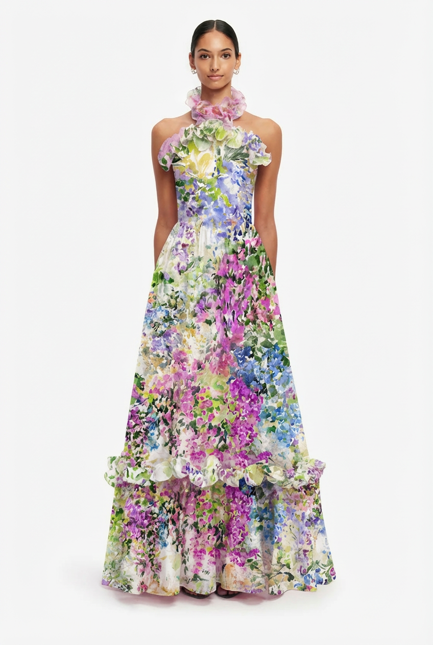 Love And Blooms Multi Floral Halter Neck Ruffle Maxi Dress