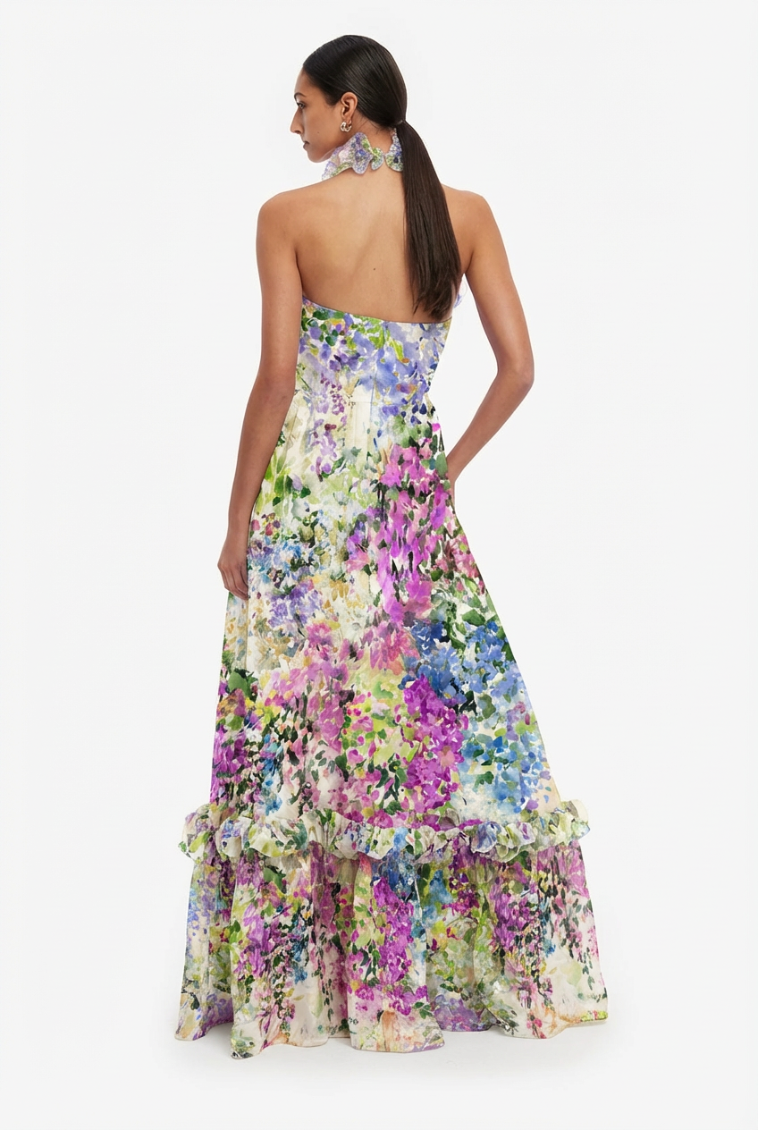 Love And Blooms Multi Floral Halter Neck Ruffle Maxi Dress