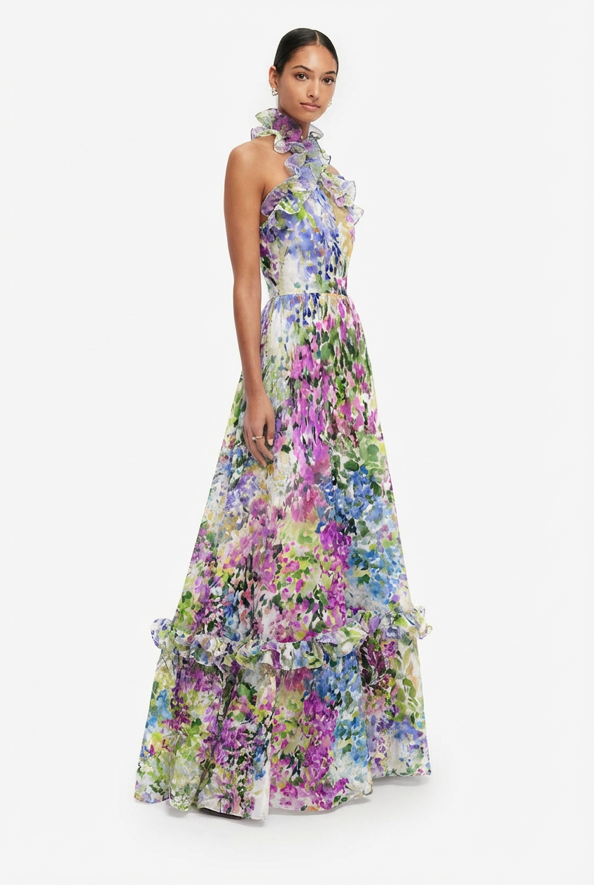 Love And Blooms Multi Floral Halter Neck Ruffle Maxi Dress