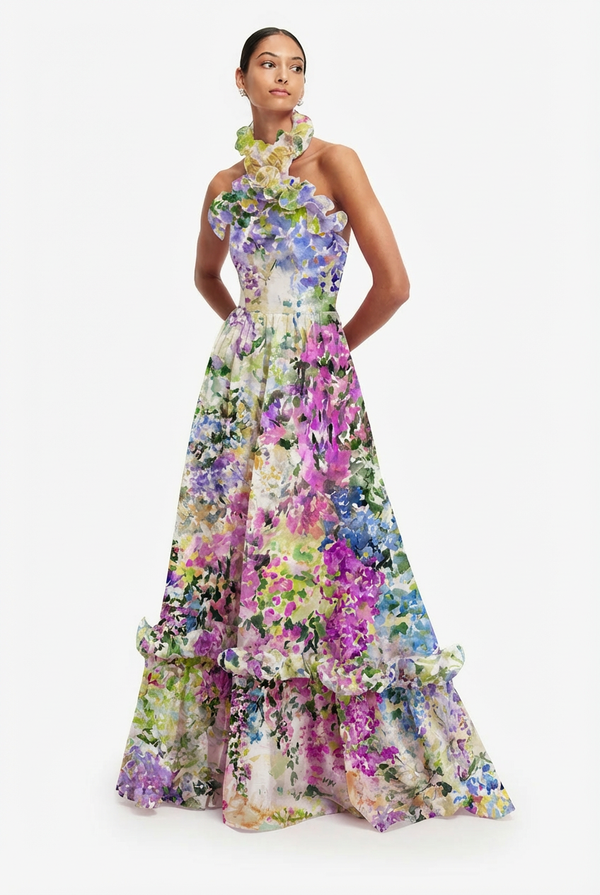 Love And Blooms Multi Floral Halter Neck Ruffle Maxi Dress