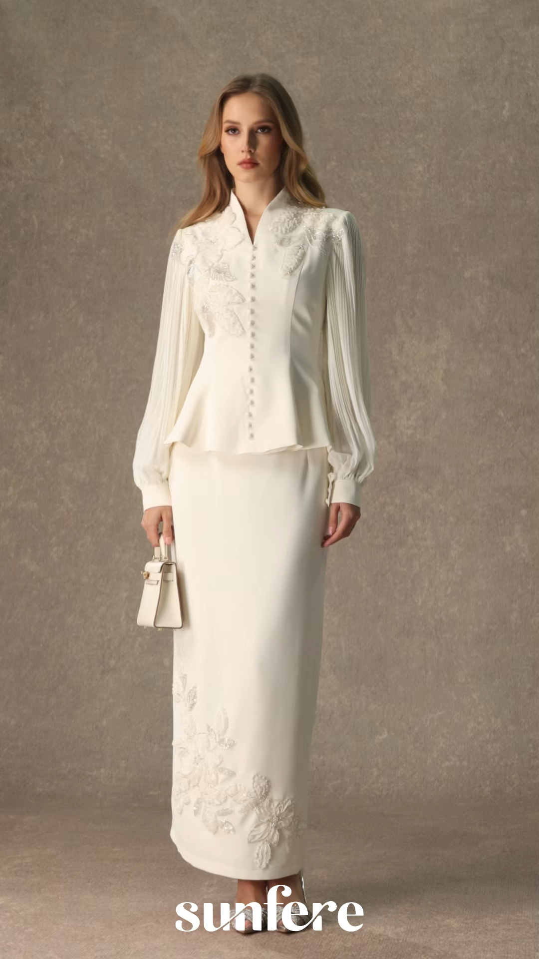 Dressed To Dazzle White Floral Embroidery Pleated Sleeve Skirt Set