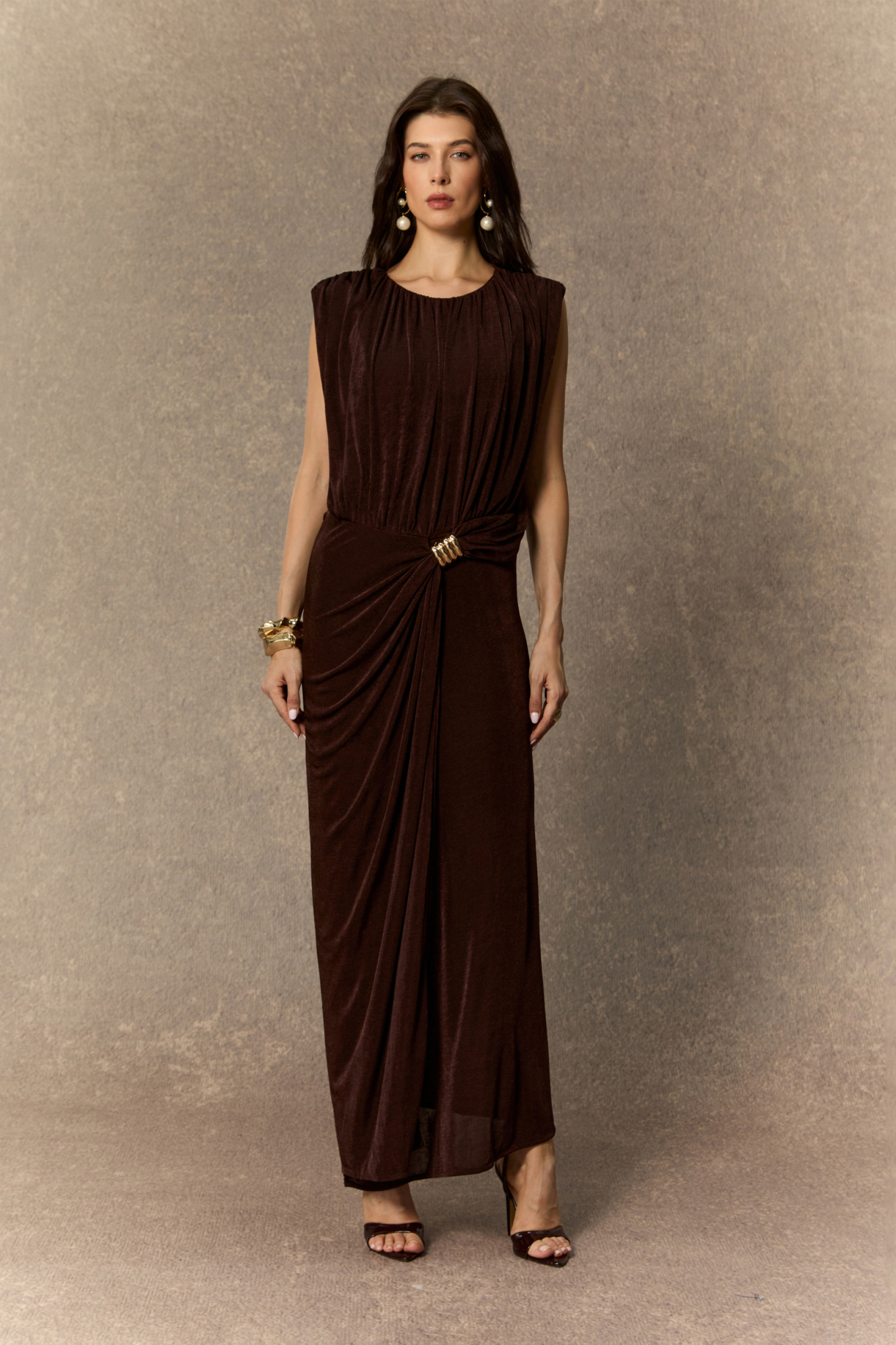 sunfere Effortlessly Yours Brown Sleeveless Draped Maxi Dress or Occasion-Ready Draped Cold-Shoulder Maxi Dress
