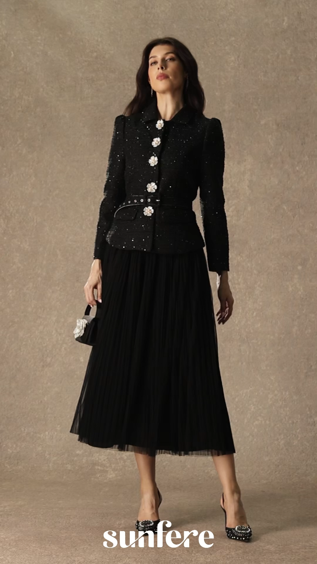 Charismatic Entrance Black Flower Buttons Jacket & Pleated Skirt