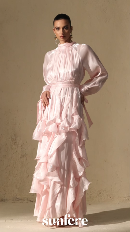 Estella Puff Sleeve Ruffle Trim Maxi Dress