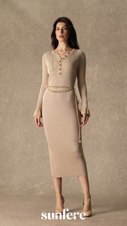 City Of Luxe Beige Ruffled Cuff Knit Midi Dress