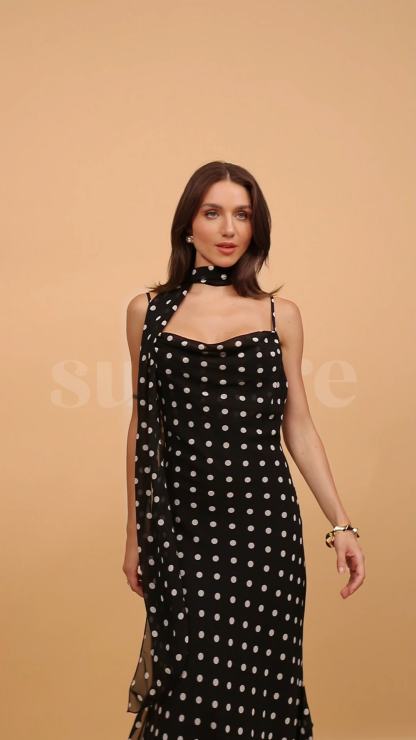 Veronica Polka Dot Ruffle Trim Maxi Dress with Scarf