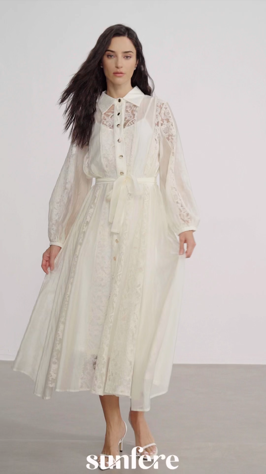 Serena Shirt Collar Sheer Lace Midi Dress