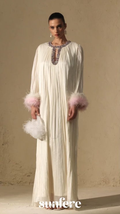 Let There Be Romance Pink Feather Cuff Pleated Maxi Dress