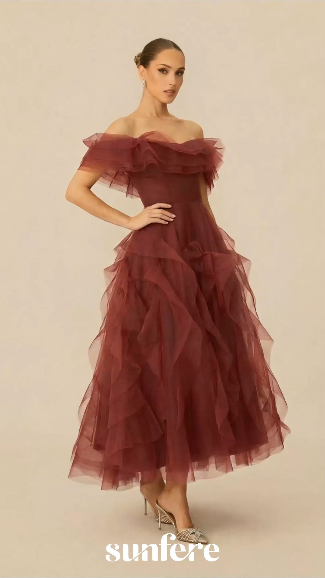 Truly Extraordinary Burgundy Off Shoulder Tiered Ruffle Organza Maxi Dress