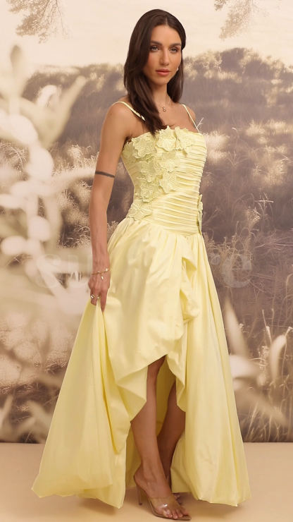 Ophelia Floral Applique Asymmetric Hem Maxi Dress