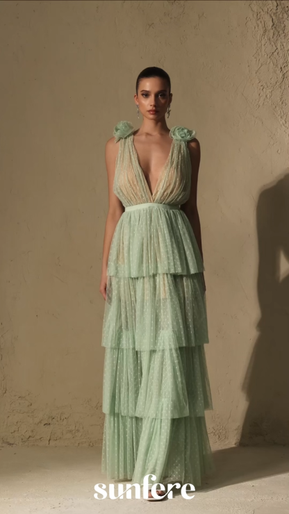 Won Your Heart Green Deep V-Neck Tiered Maxi Dress
