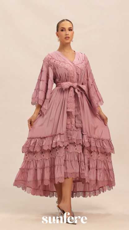 Essence Of Elegance Pink Floral Lace Tiered Midi Dress
