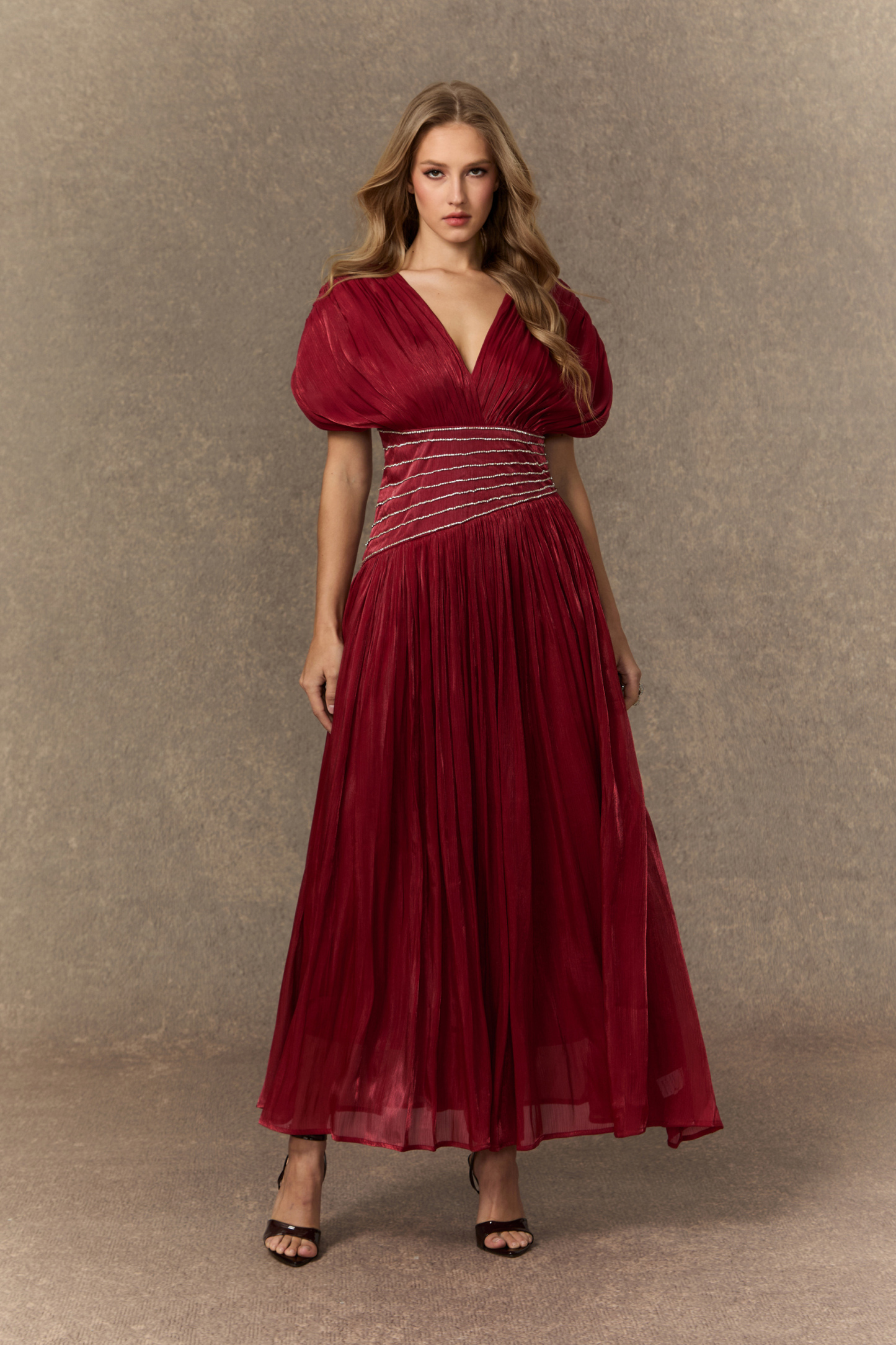 sunfere Captivating Presence Burgundy V-neck Embellished Maxi Dress or