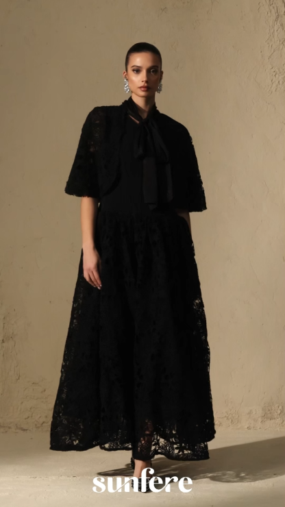 Glamorous Disposition Black Tie Neck Cape & Floral Lace Corset Dress Set