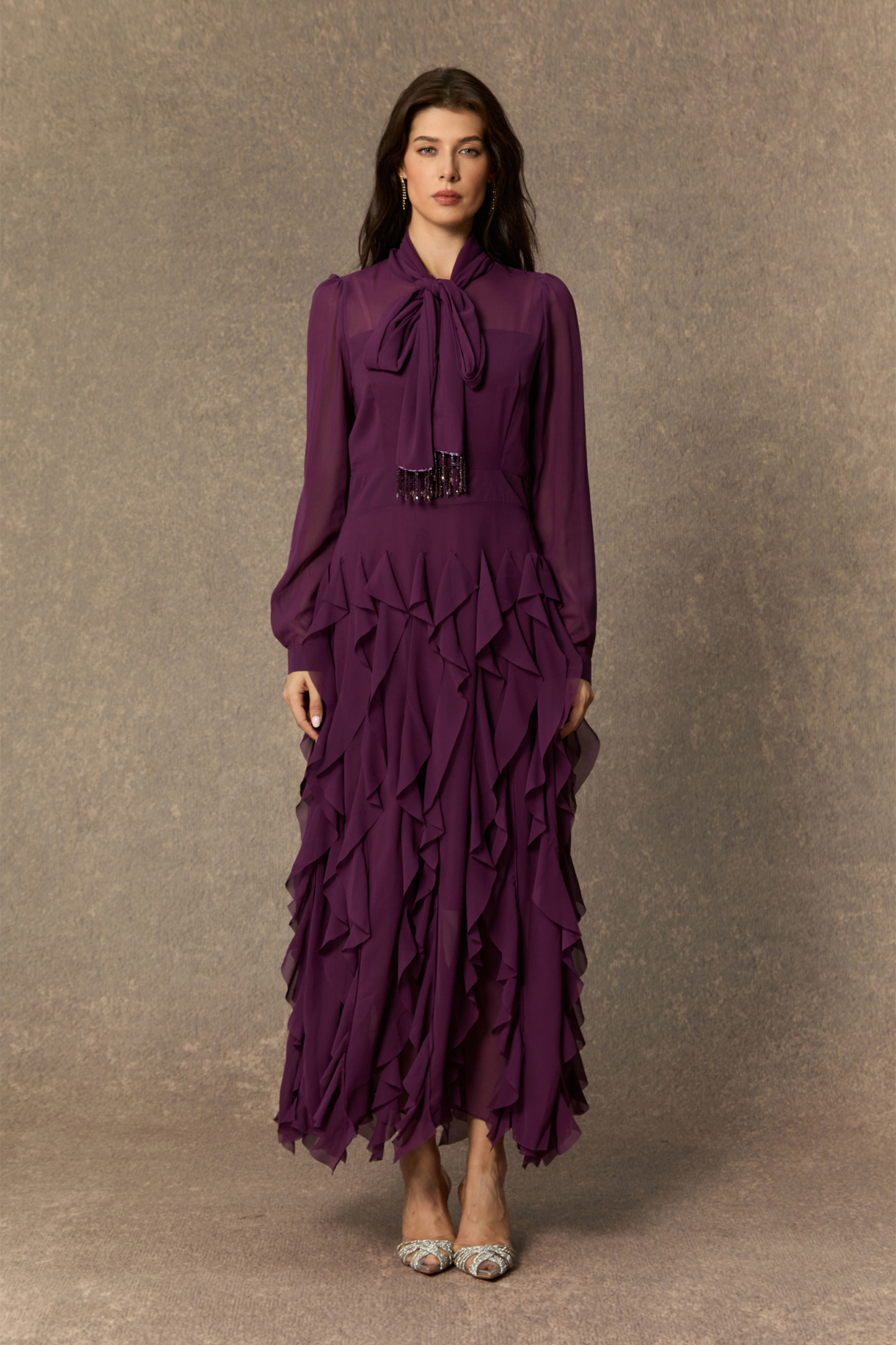sunfere Ultimate Beauty Purple Bow Neck Tiered Ruffle Maxi Dress