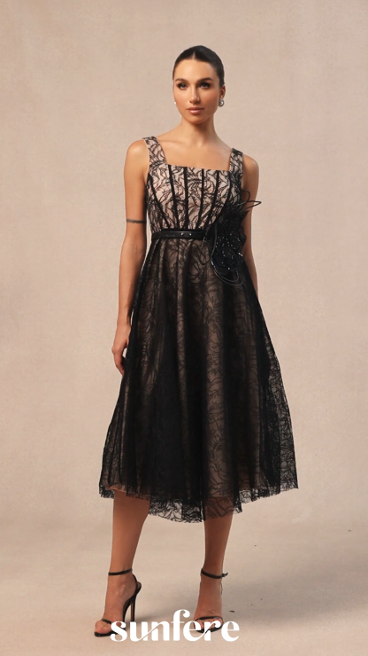 Mina Floral Applique Lace Overlay Midi Dress