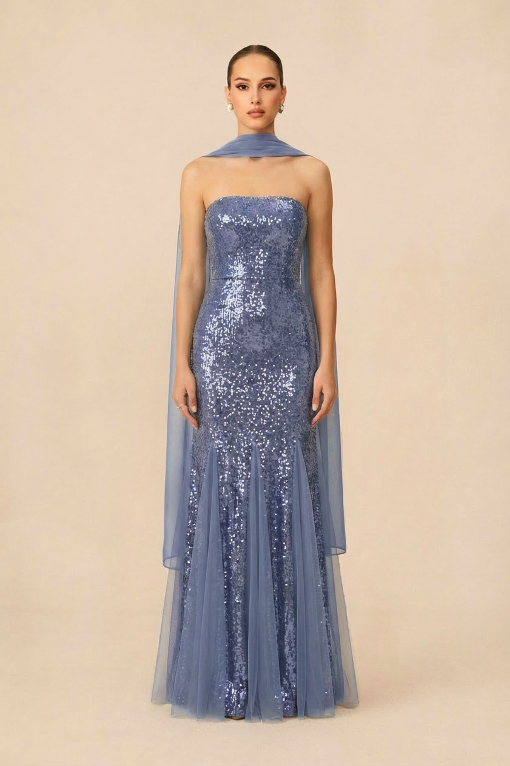 Glimmer Game Blue Sequin Strapless Dress With Chiffon Scarf